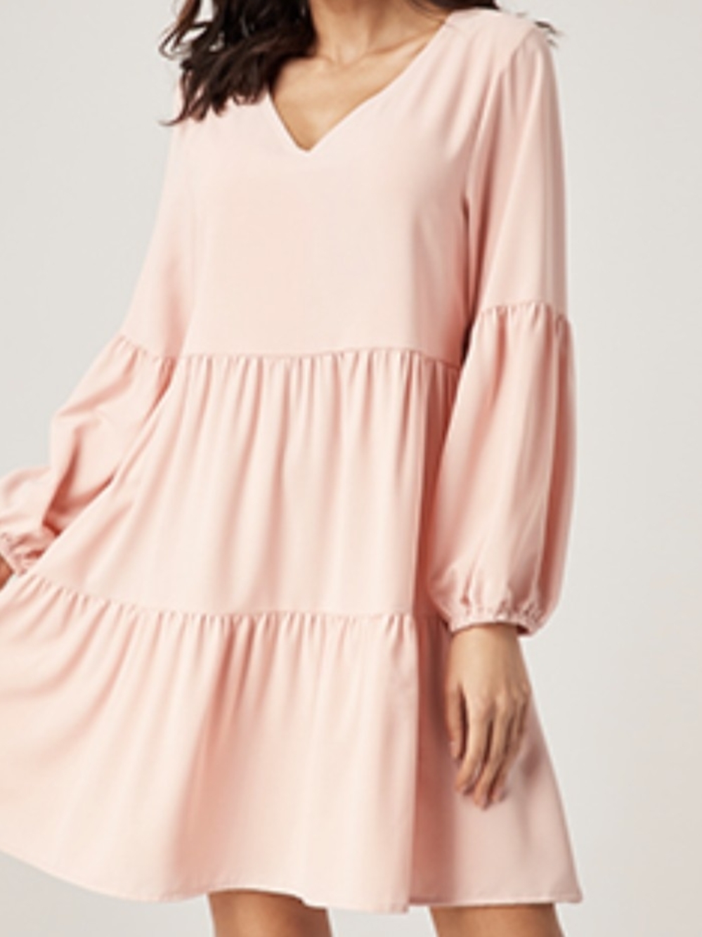 Women's V-Neck Tiered Long-Sleeve Dress - Pink